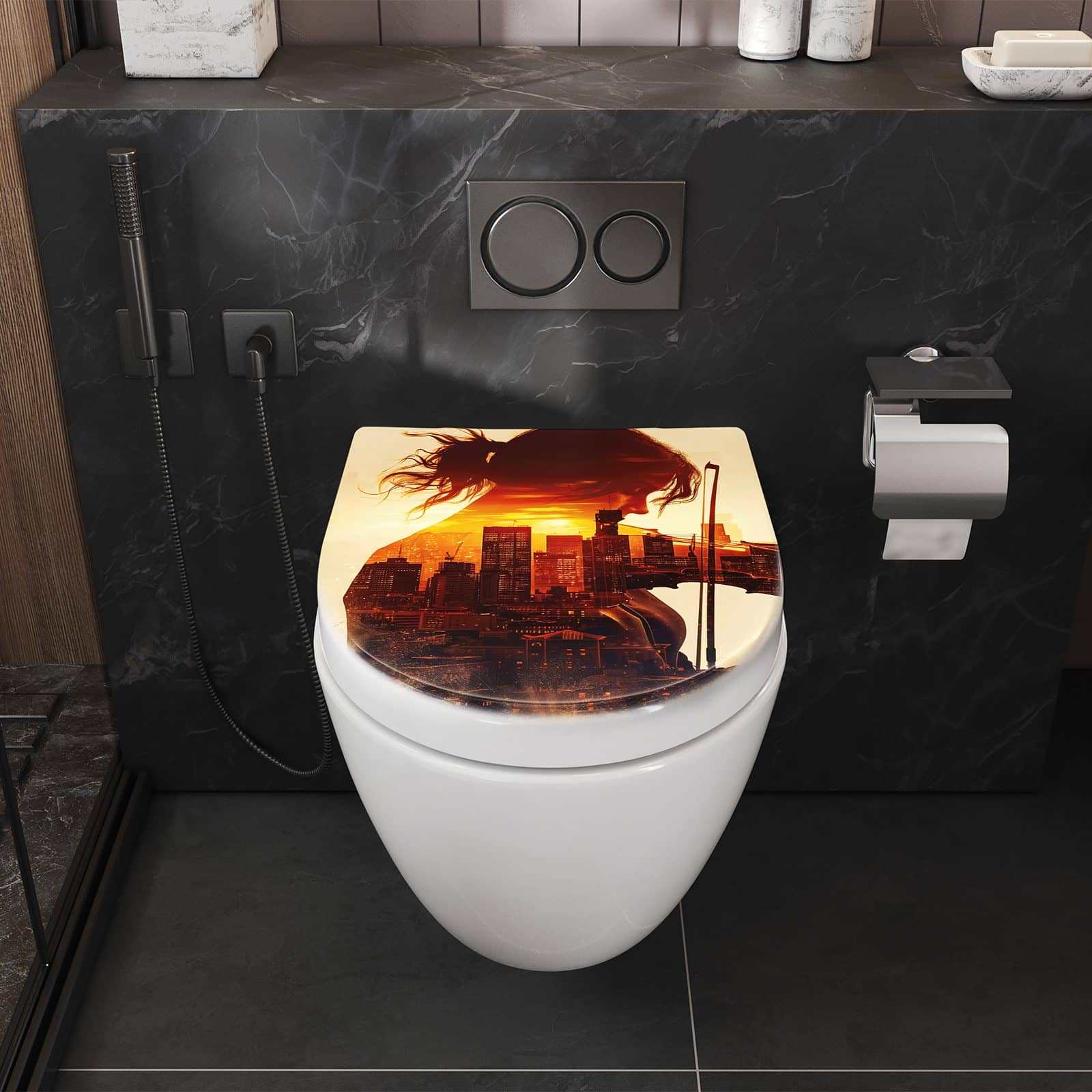 WC-Sitz mit Absenkautomatik Geige vor Skyline