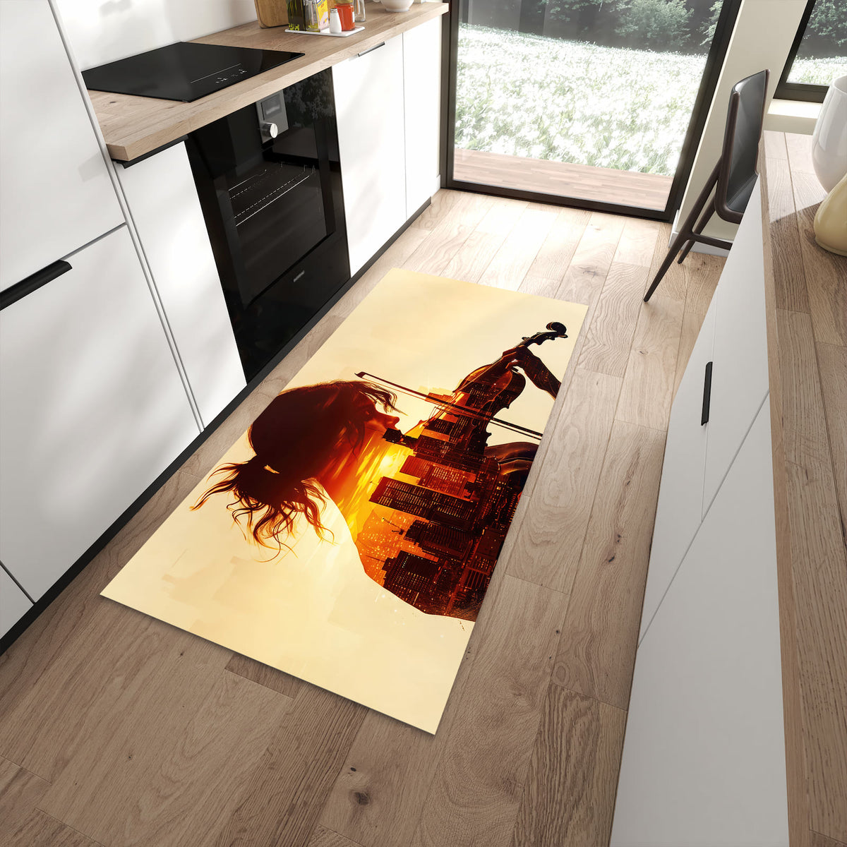 Fleckenresistenter Küchenteppich mit Motiv Geige vor Skyline in moderner Küche