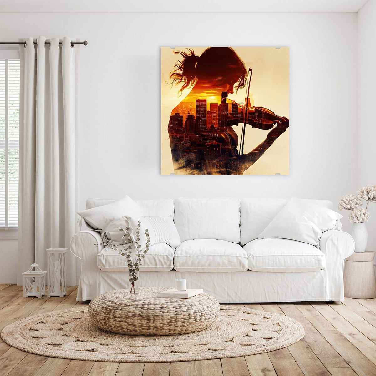 Glasbild Geige vor Skyline an der Wand – Doppelbelichtung: Geigerin im Profil, in ihrer Silhouette eine Skyline im Abendrot