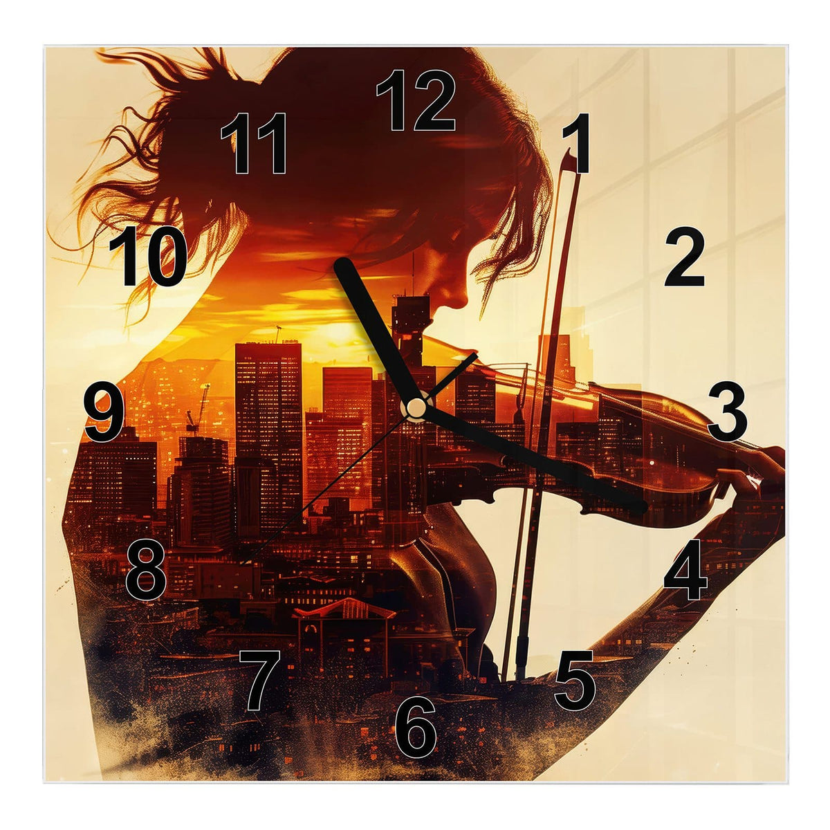 Wanduhr aus Glas, Ziffernblatt Modern: Doppelbelichtung: Geigerin im Profil, in ihrer Silhouette eine Skyline im Abendrot #ziffernblatt_Modern