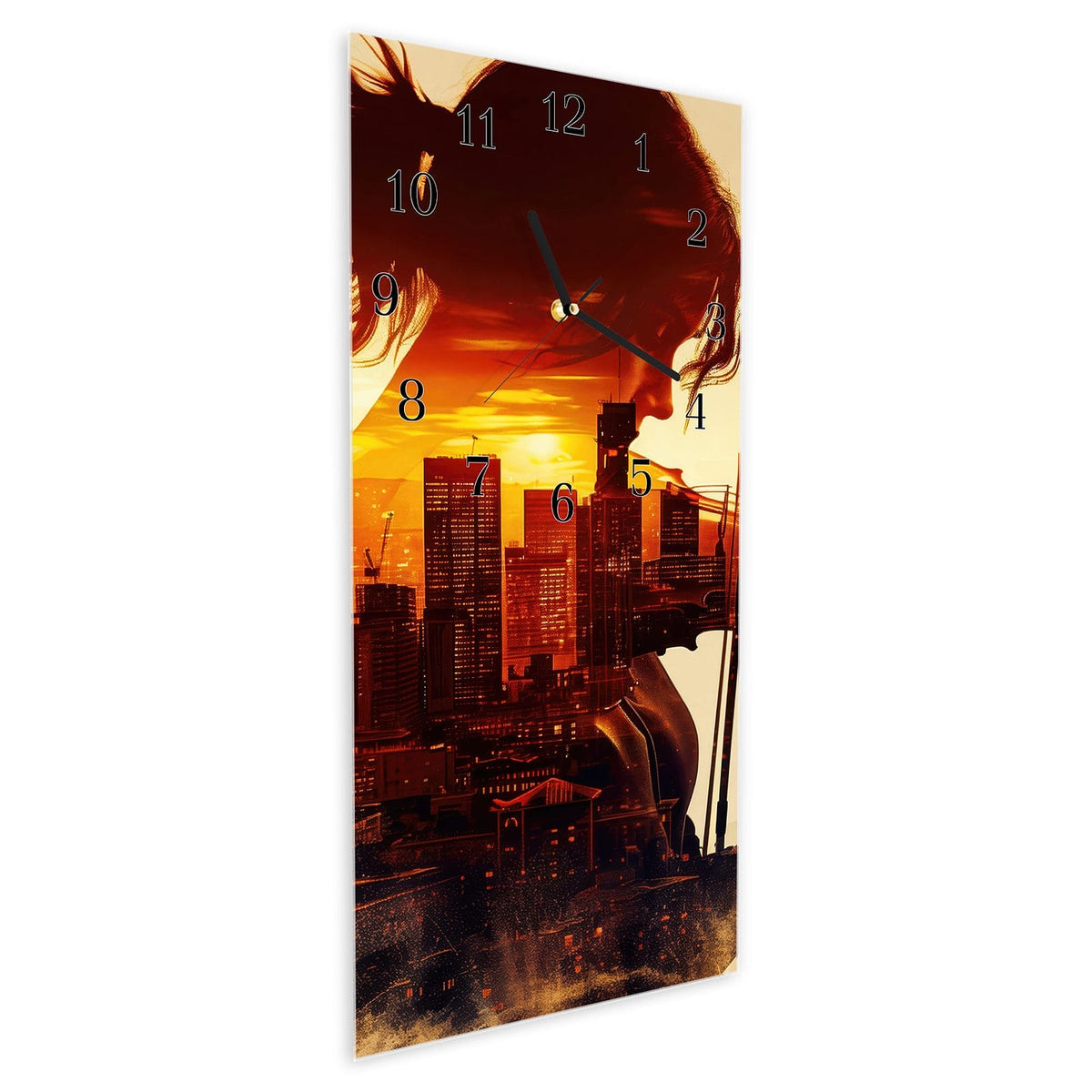 Vormontiert – mit Schwebeeffekt – Wanduhr Geige vor Skyline aus Glas – Hochformat 30 × 60 cm