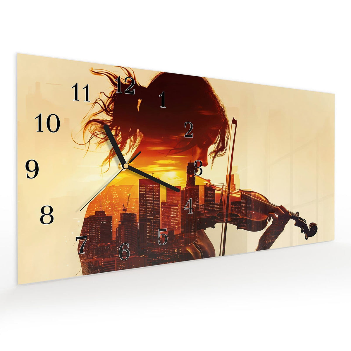 Vormontiert – mit Schwebeeffekt – Wanduhr Geige vor Skyline aus Glas – Querformat 60 × 30 cm