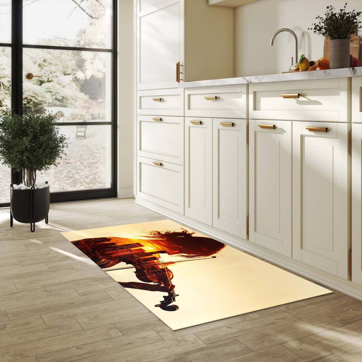 Wasserabweisender Teppichläufer mit Motiv Geige vor Skyline in heller Küche