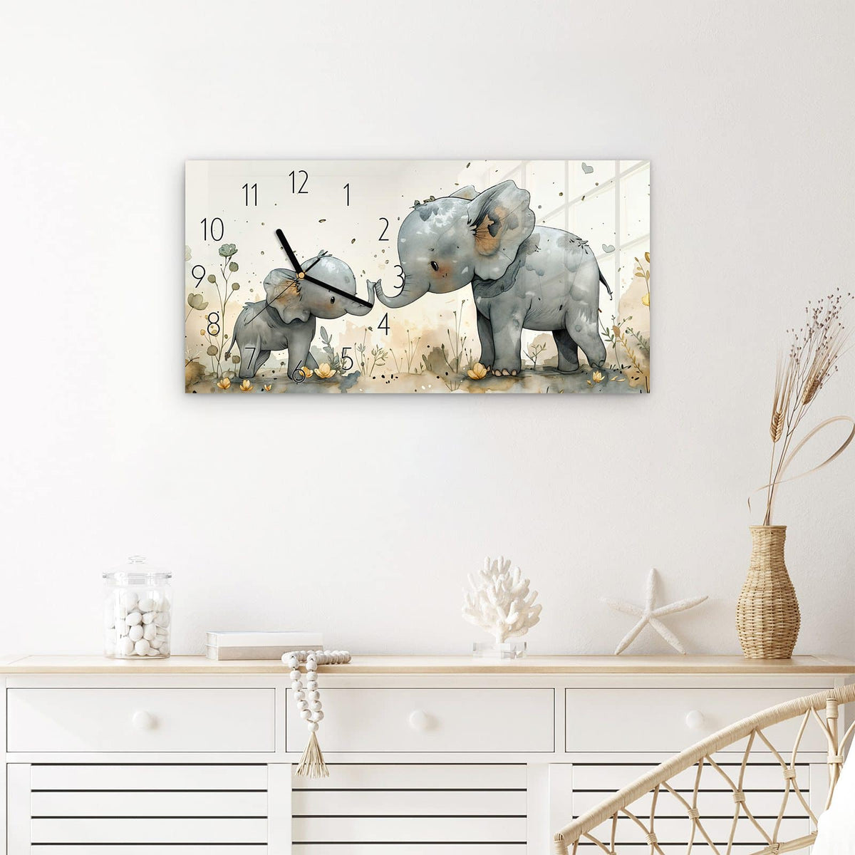 Wanduhr Elefantenfamilie aus Glas – Querformat 60 × 30 cm – Elefantenmutter mit Jungtier