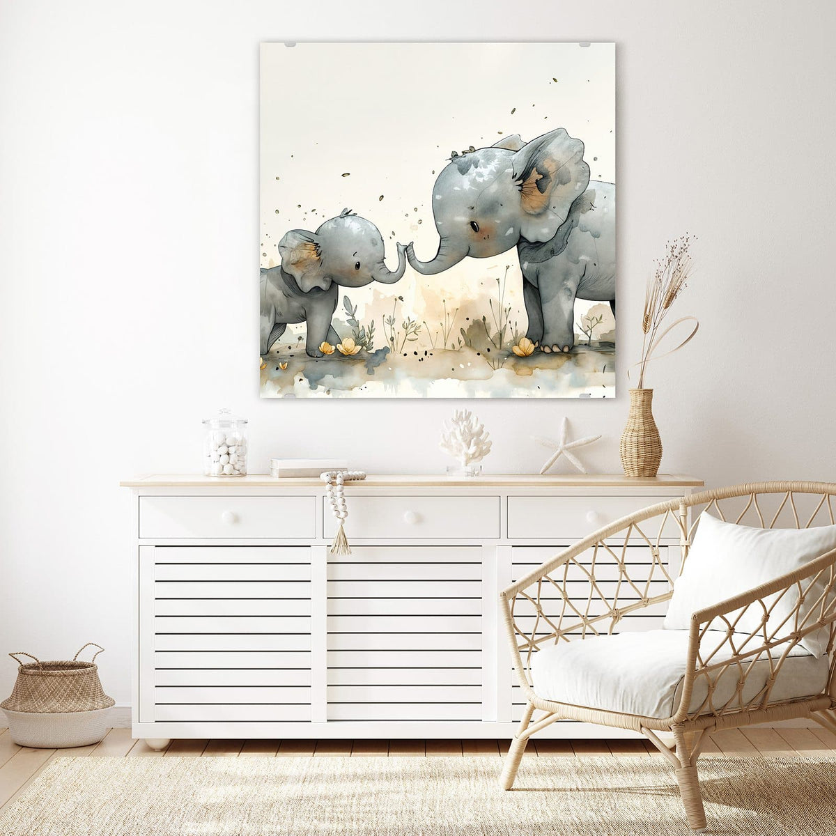 Glasbild Elefantenfamilie an der Wand – Aquarell: Elefantenkuh und Jungtier berühren sich mit den Rüsseln auf heller Wiese