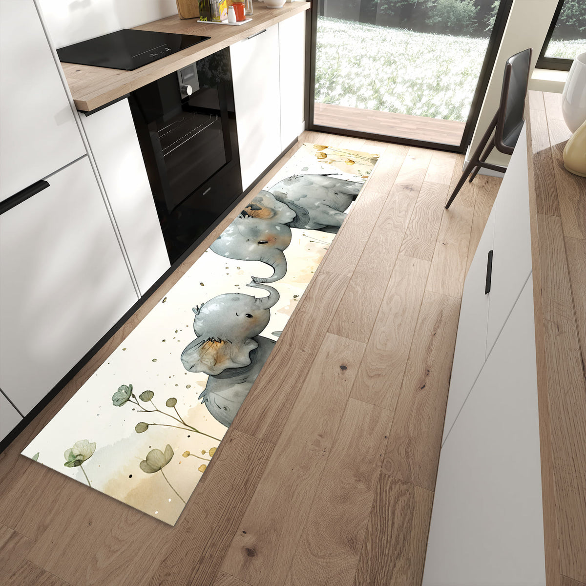 Waschbarer Küchenteppich mit Motiv Elefantenfamilie in moderner Küche