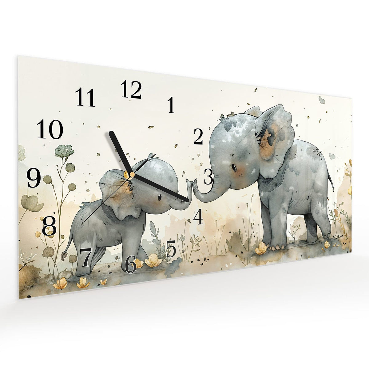 Vormontiert – mit Schwebeeffekt – Wanduhr Elefantenfamilie aus Glas – Querformat 60 × 30 cm