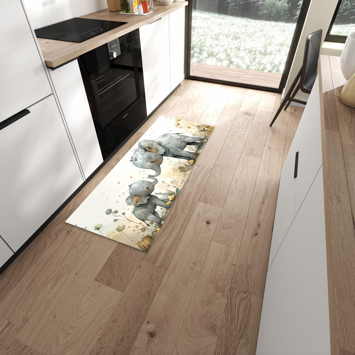 Pflegeleichter waschbarer Küchenteppich mit Motiv Elefantenfamilie in moderner Küche #grösse_60 x 150 cm