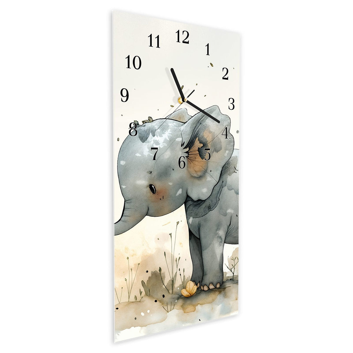 Vormontiert – mit Schwebeeffekt – Wanduhr Elefantenfamilie aus Glas – Hochformat 30 × 60 cm