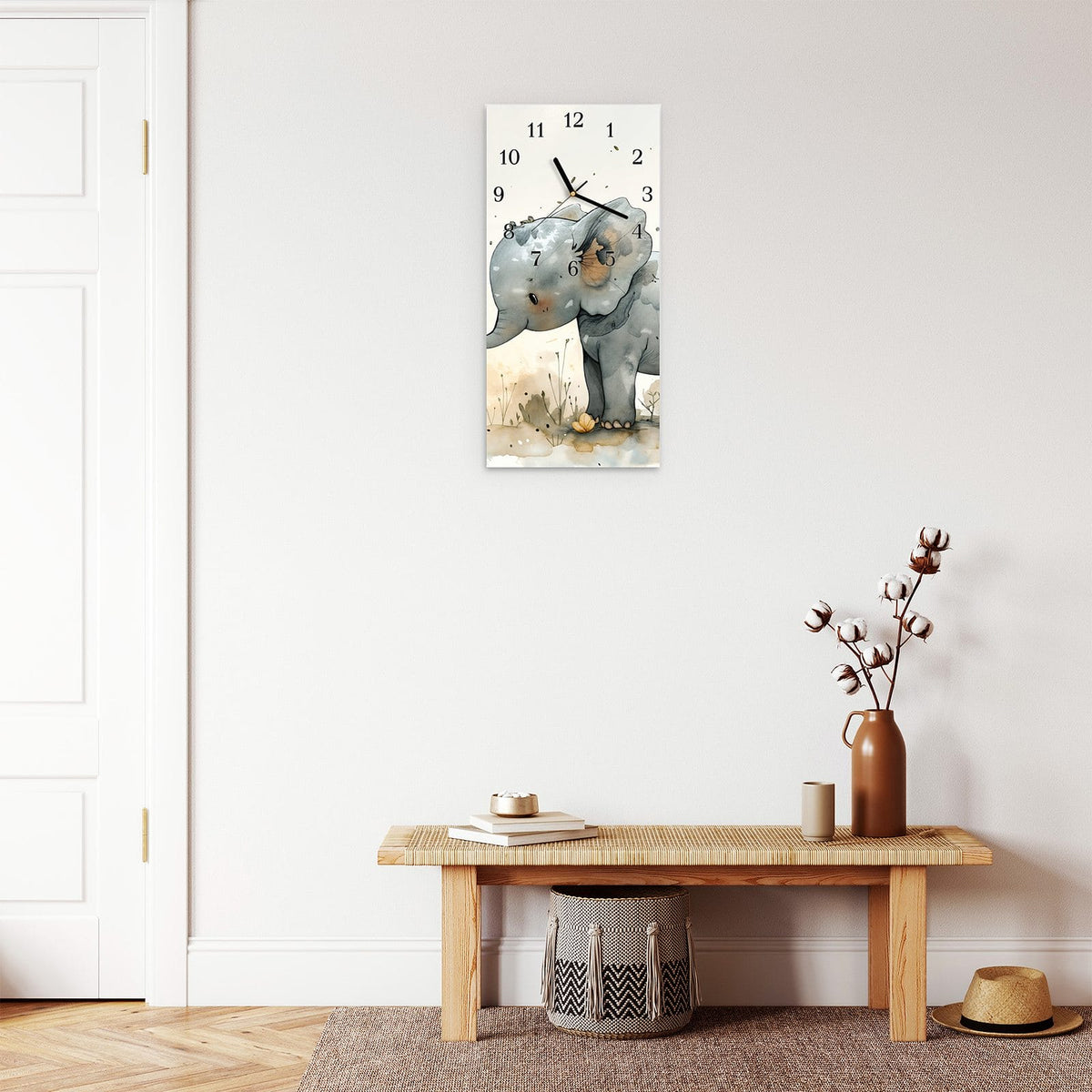 Moderne Wanduhr aus Glas mit Farbtiefe – Wanduhr Elefantenfamilie aus Glas – Hochformat 30 × 60 cm