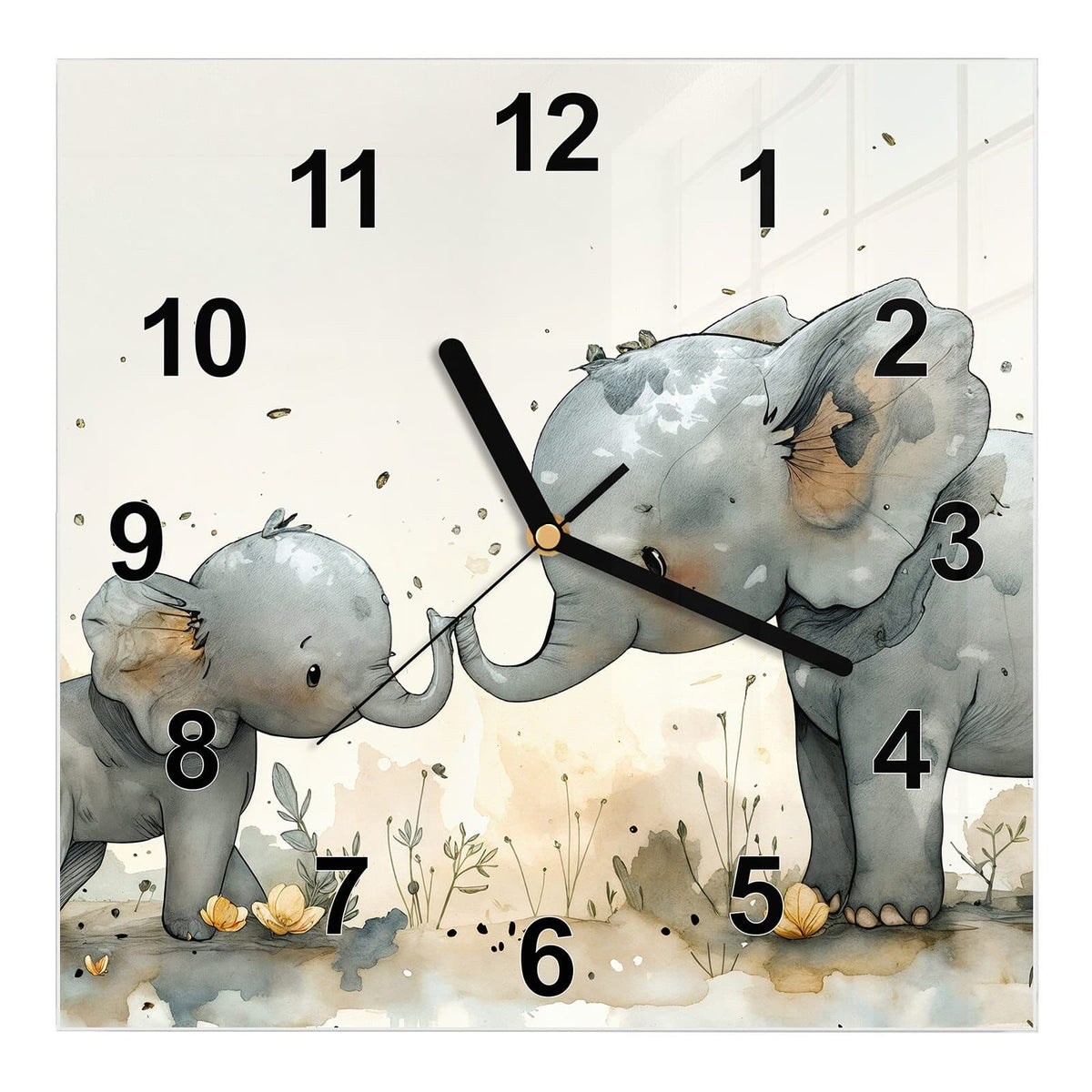 Wanduhr aus Glas, Ziffernblatt Modern: Aquarell: Elefantenkuh und Jungtier berühren sich mit den Rüsseln auf heller Wiese #ziffernblatt_Modern