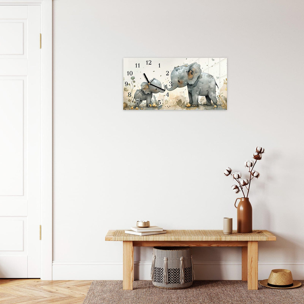 Moderne Wanduhr aus Glas mit Farbtiefe – Wanduhr Elefantenfamilie aus Glas – Querformat 60 × 30 cm
