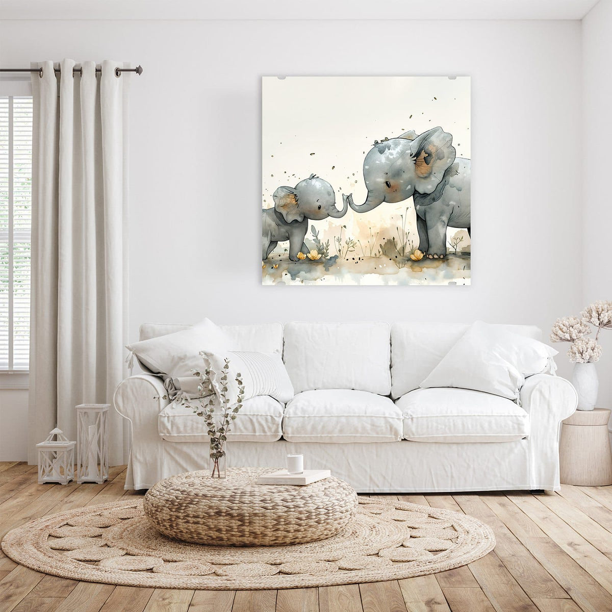 Glasbild Elefantenfamilie an der Wand – Aquarell: Elefantenkuh und Jungtier berühren sich mit den Rüsseln auf heller Wiese