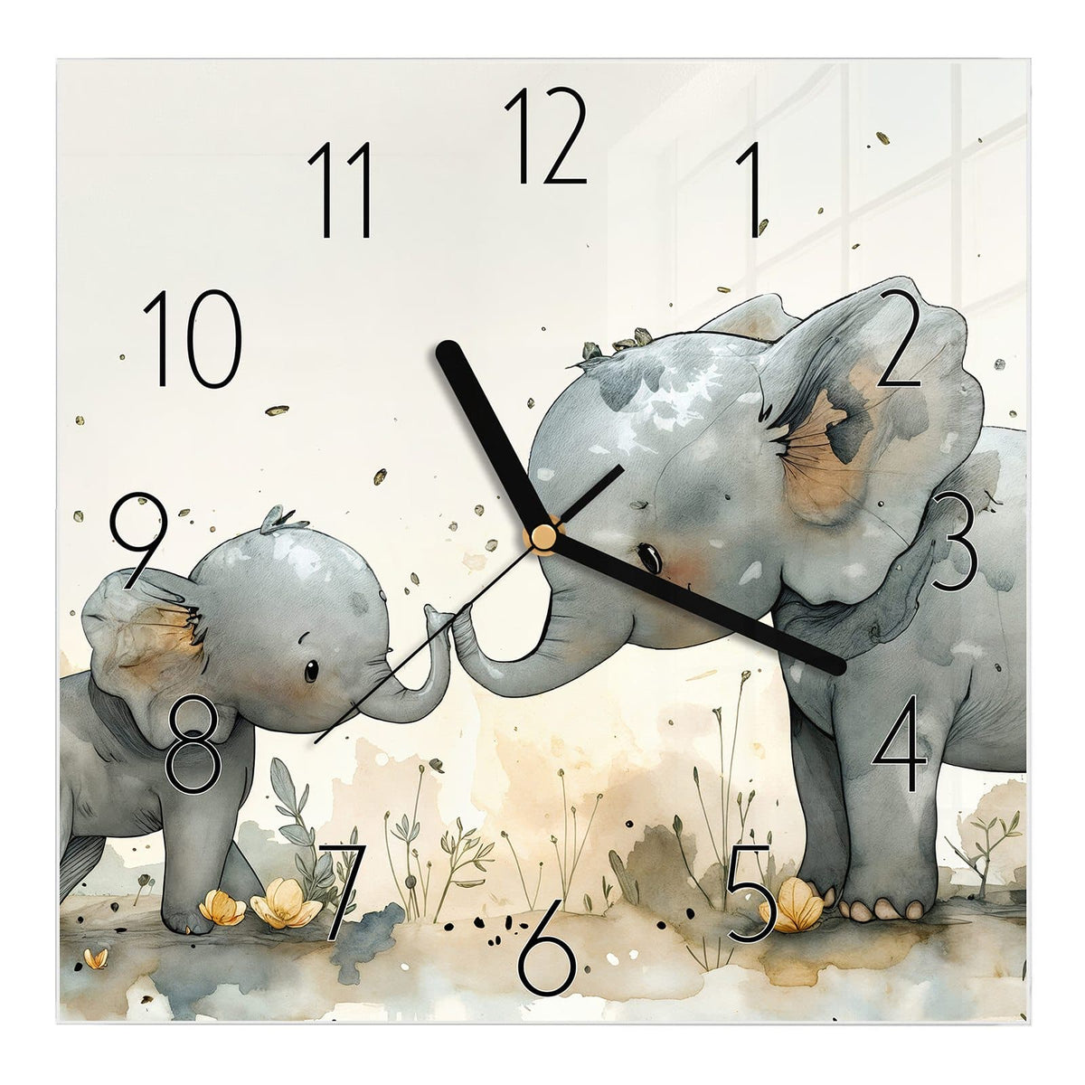 Wanduhr aus Glas, Ziffernblatt Elegant: Aquarell: Elefantenkuh und Jungtier berühren sich mit den Rüsseln auf heller Wiese #ziffernblatt_Elegant