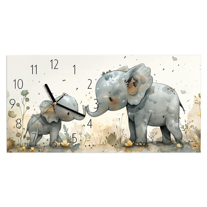 Wanduhr Elefantenfamilie aus Glas – Querformat 60 × 30 cm mit Ziffernblatt Elegant