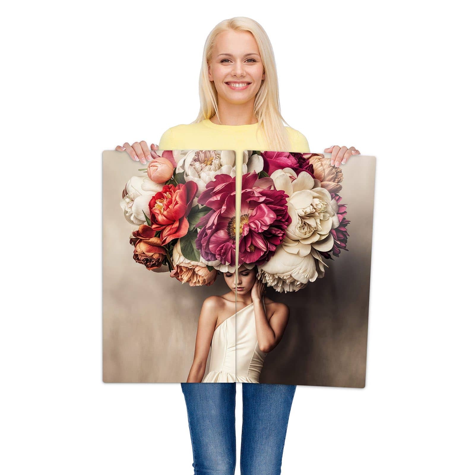 2-teilige Herdabdeckplatte mit Blumenhut Portrait-Motiv wird zur Größendarstellung gehalten