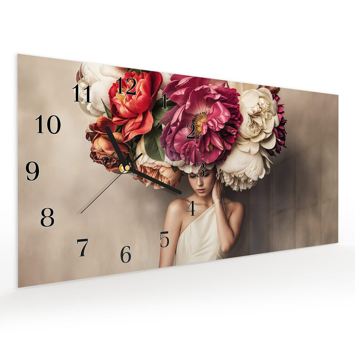 Vormontiert – mit Schwebeeffekt – Wanduhr Blumenhut Portrait aus Glas – Querformat 60 × 30 cm