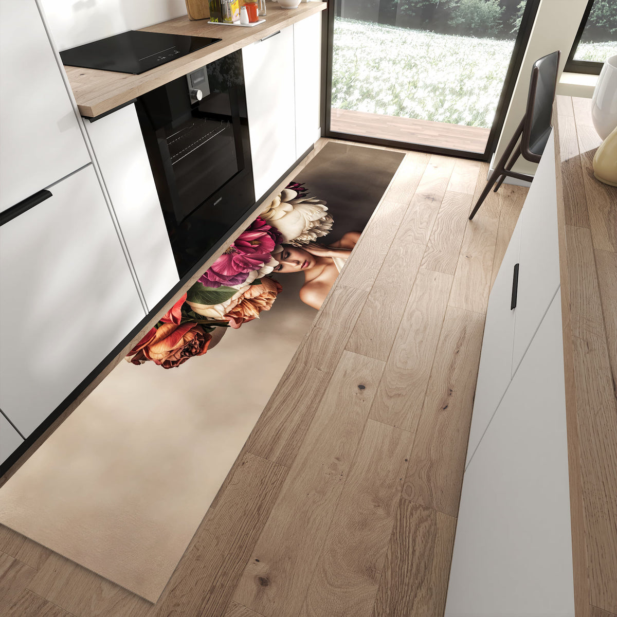 Abriebfester rutschfester Küchenteppich mit Motiv Blumenhut Portrait in moderner Küche
