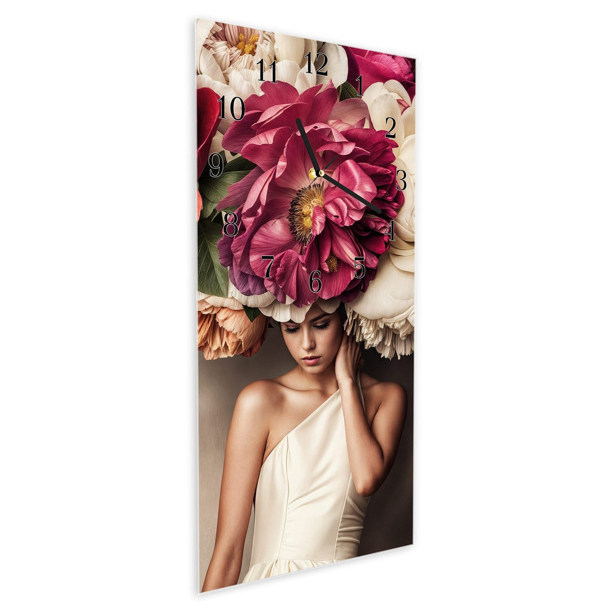 Vormontiert – mit Schwebeeffekt – Wanduhr Blumenhut Portrait aus Glas – Hochformat 30 × 60 cm
