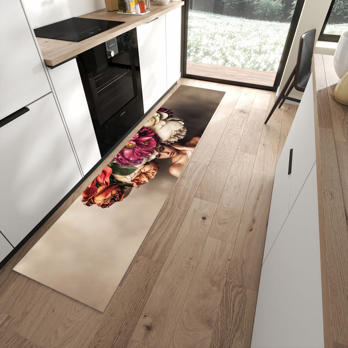 Geräuschdämpfender Teppich für Esstisch mit Motiv Blumenhut Portrait in moderner Küche