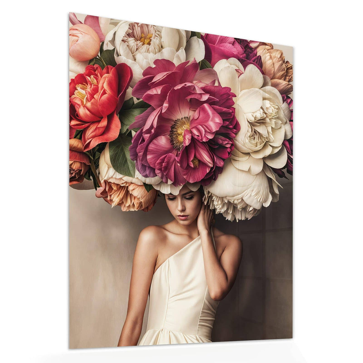 Echtglas, 4 mm – kein Acryl, keine Folie – Wandbild - Frau mit Blumenhut - Hochformat