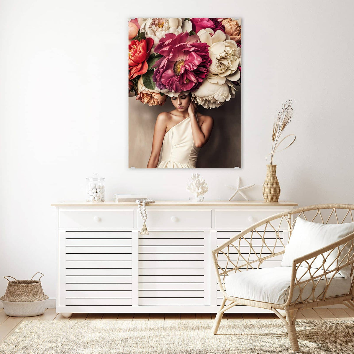 Aufhängung liegt bei – Motiv später wechselbar – Wandbild - Frau mit Blumenhut - Hochformat