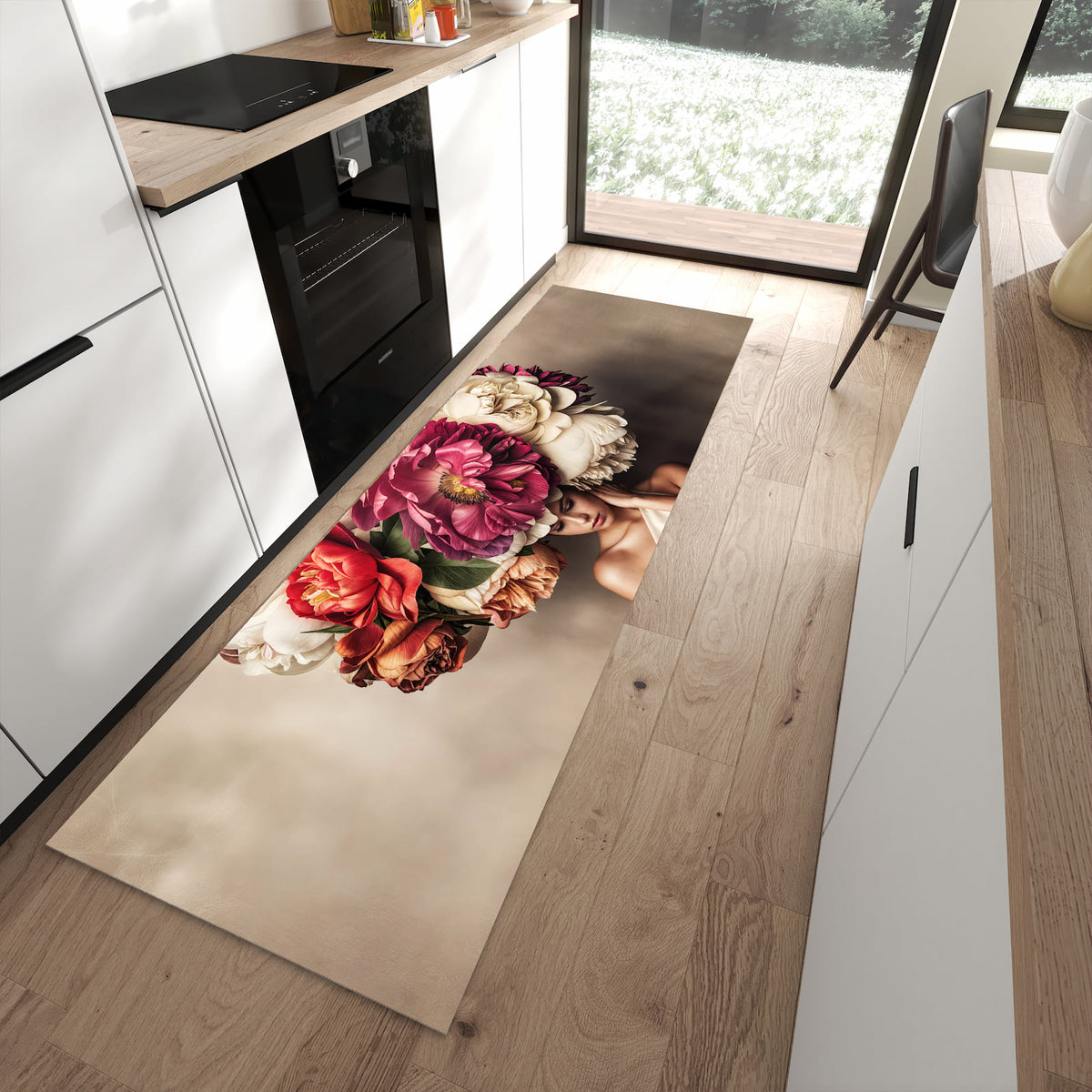 Wasserabweisender Küchenteppich mit Motiv Blumenhut Portrait in moderner Küche