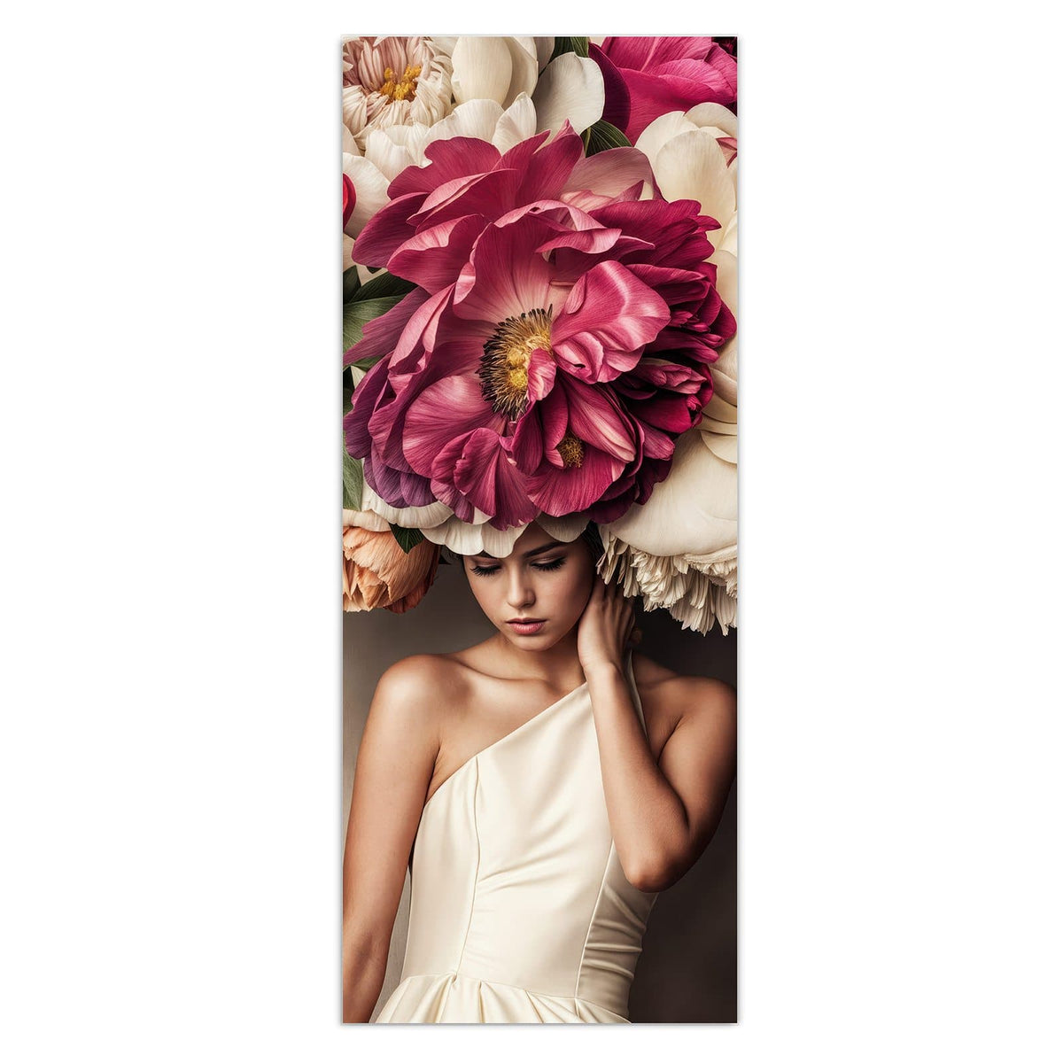Wandbild - Frau mit Blumenhut - Hochformat – Frau mit übergroßem Blumenhut