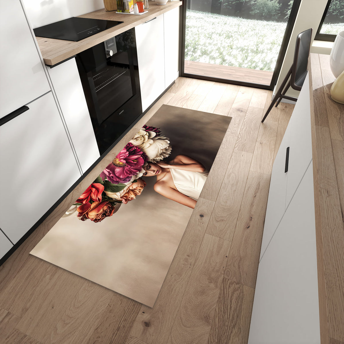Komfortabler Bodenläufer-Teppich mit Motiv Blumenhut Portrait in moderner Küche