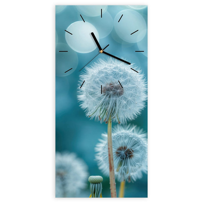 Wanduhr Löwenzahnwiese aus Glas – Hochformat 30 × 60 cm mit Ziffernblatt Linie