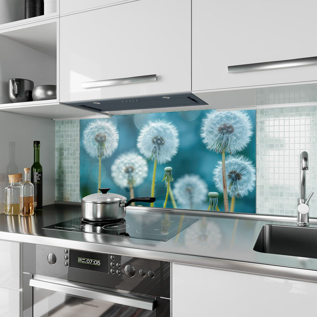 Küchenrückwand aus Glas Pusteblumen in Türkis im Hochformat als Spritzschutz hinter dem Kochfeld, über dem Fliesenspiegel montiert
