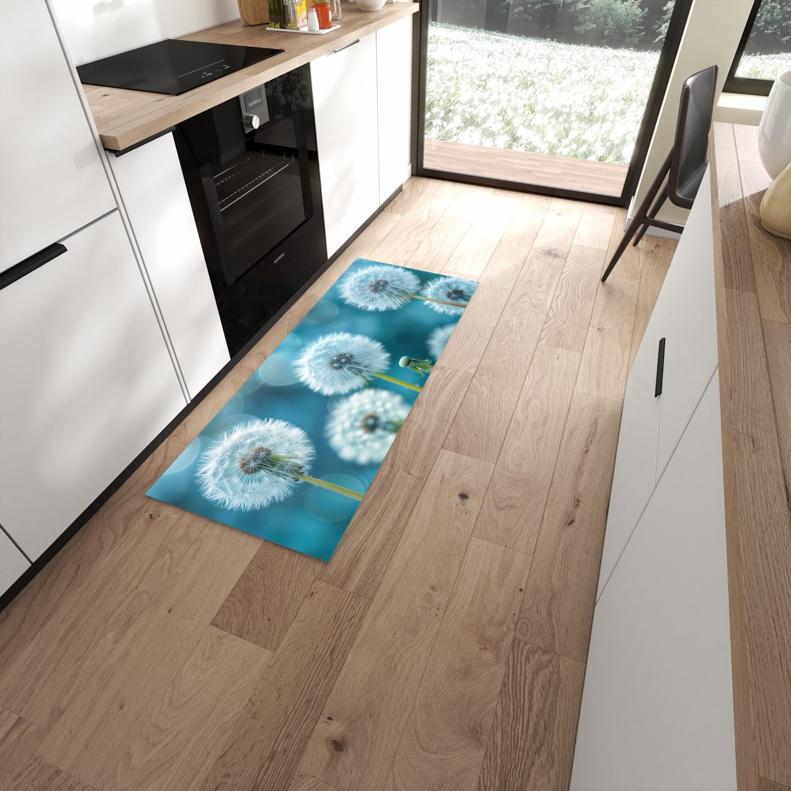 Rutschfester Küchenläufer mit Motiv Löwenzahnwiese in moderner Küche #grösse_60 x 150 cm