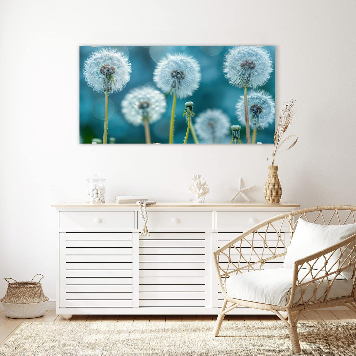 Echtglas, 4 mm – kein Acryl, keine Folie – Wandbild - Pusteblumen in Türkis - Querformat