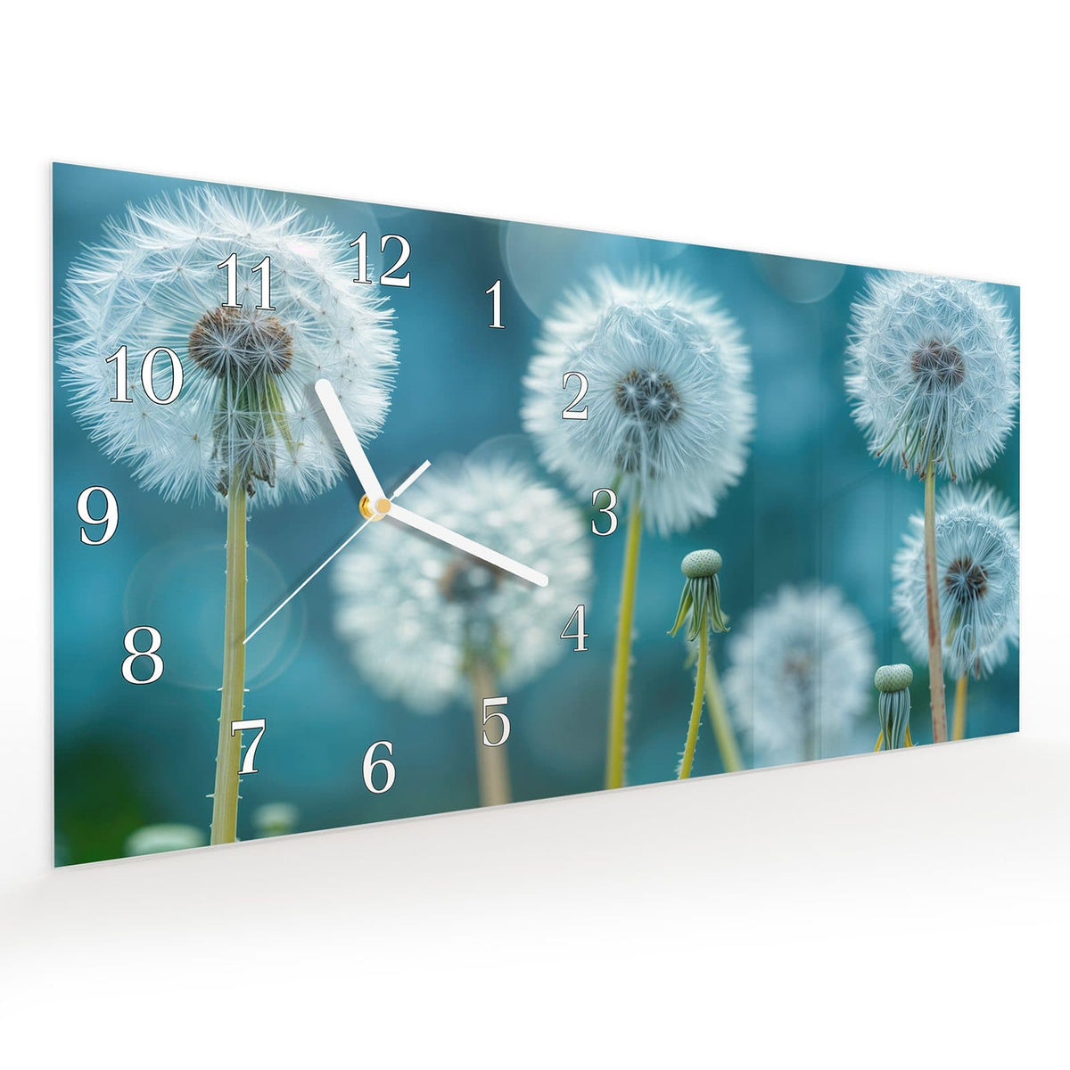 Vormontiert – mit Schwebeeffekt – Wanduhr Löwenzahnwiese aus Glas – Querformat 60 × 30 cm