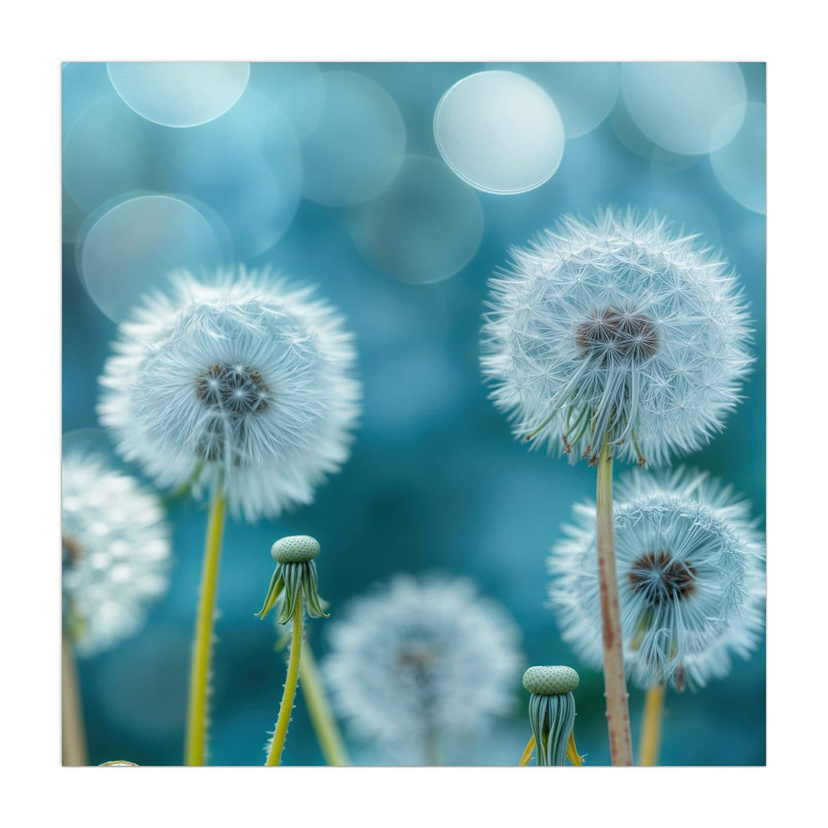 Vier Pusteblumen-Samenstände vor türkisblauem Bokeh, keine Wiese