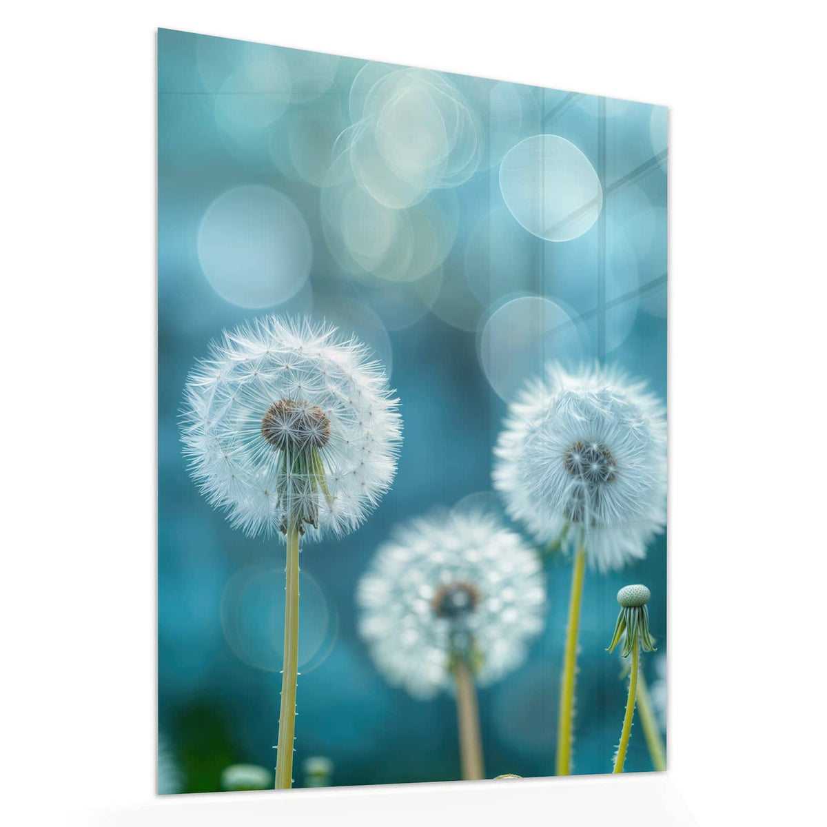 Echtglas, 4 mm – kein Acryl, keine Folie – Wandbild - Pusteblumen in Türkis - Hochformat