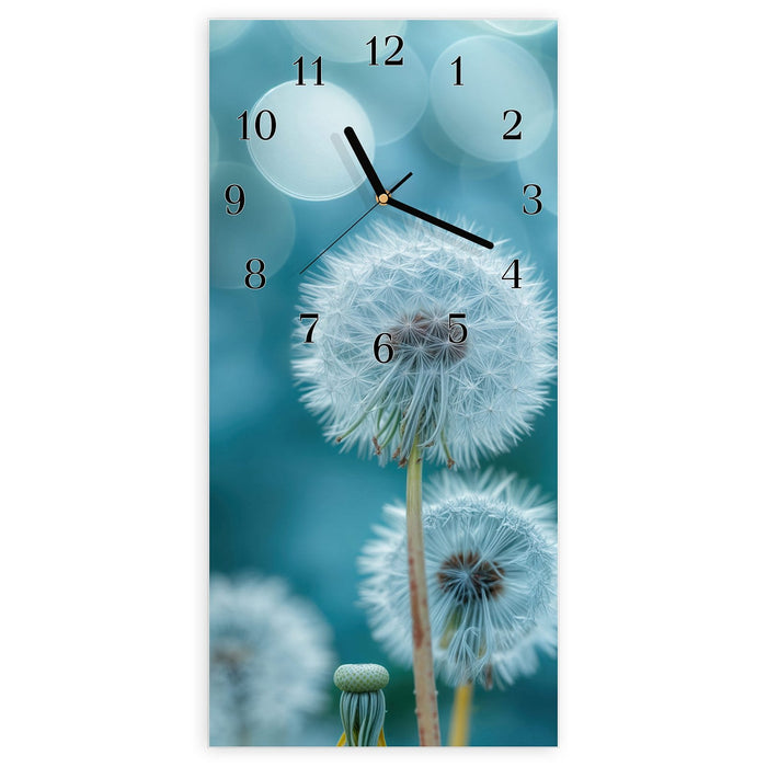 Wanduhr Löwenzahnwiese aus Glas – Hochformat 30 × 60 cm mit Ziffernblatt Klassisch