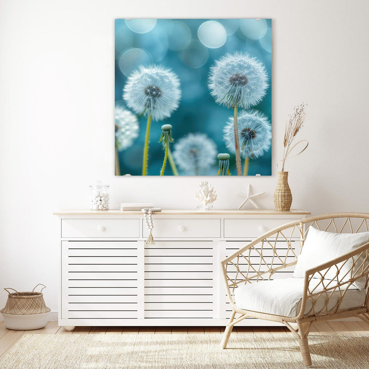 Glasbild Pusteblumen in Türkis an der Wand – Vier Pusteblumen-Samenstände vor türkisblauem Bokeh, keine Wiese