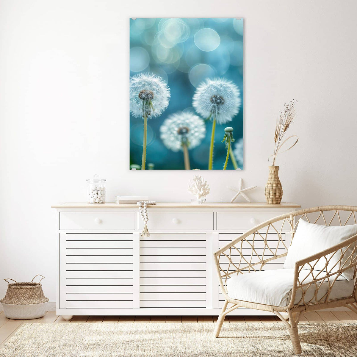 Aufhängung liegt bei – Motiv später wechselbar – Wandbild - Pusteblumen in Türkis - Hochformat