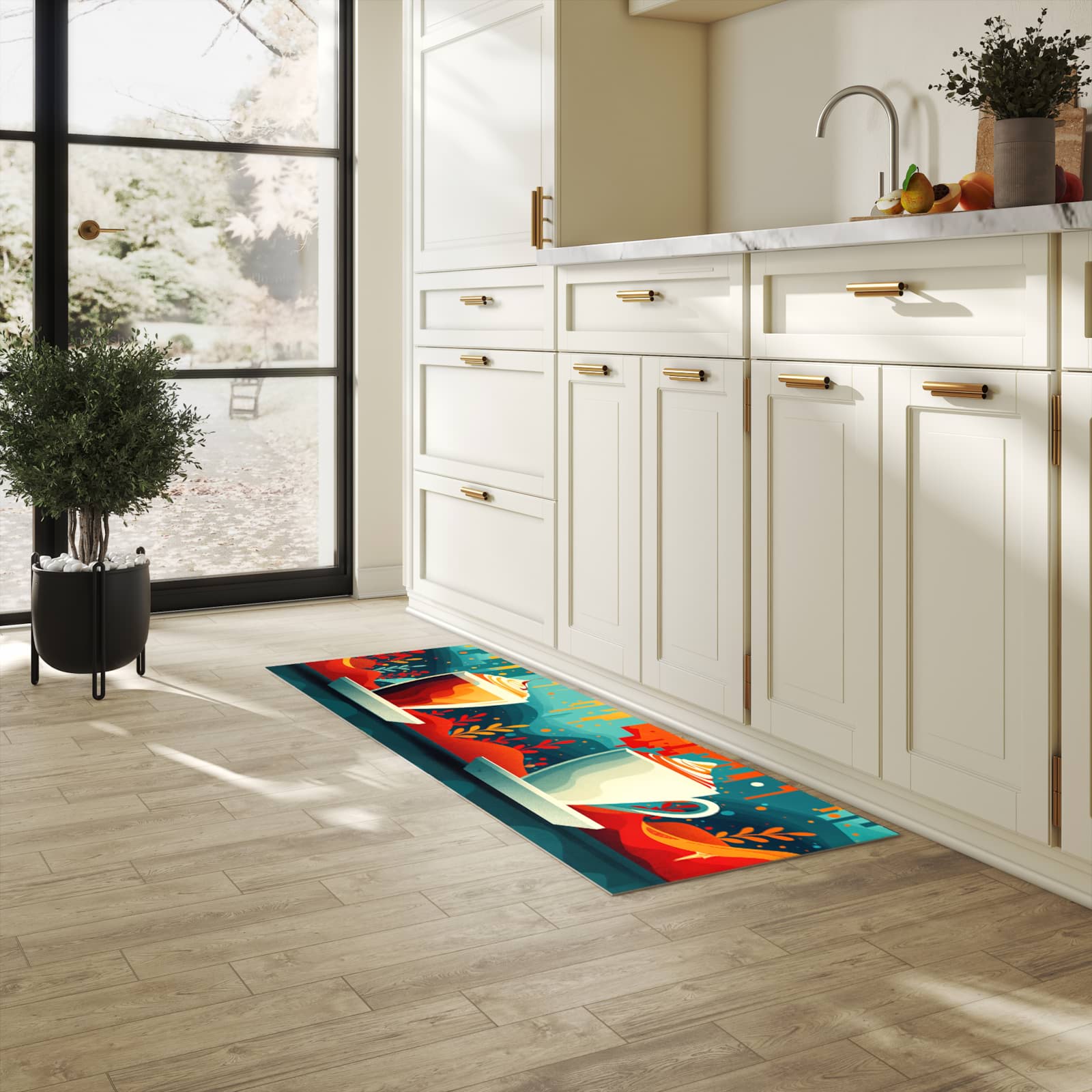 Zeitsparender Läufer Küche mit Motiv Kaffee Am Abend in heller Küche