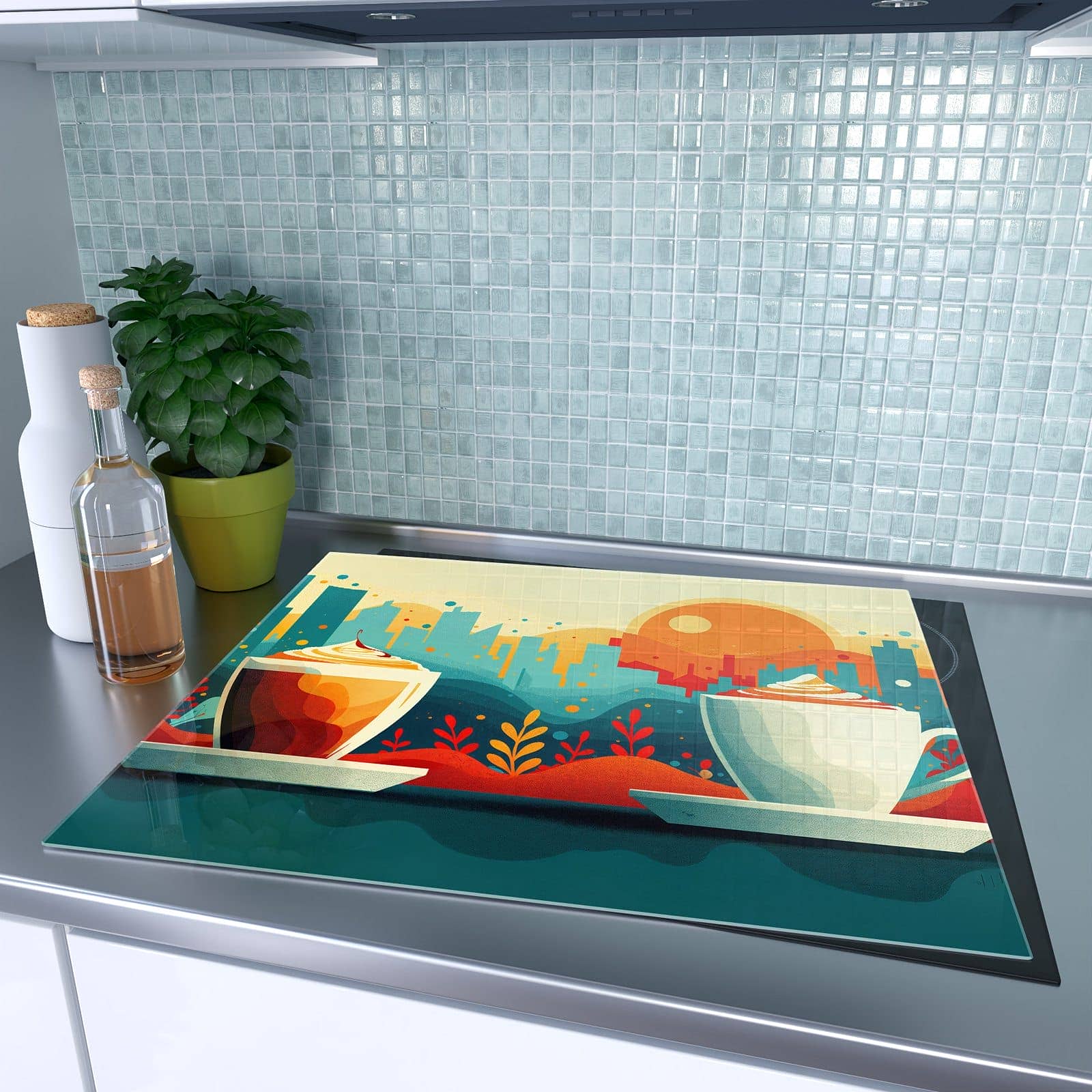 1-teilige Herdabdeckung mit Kaffee Am Abend-Motiv auf dem Ceranfeld