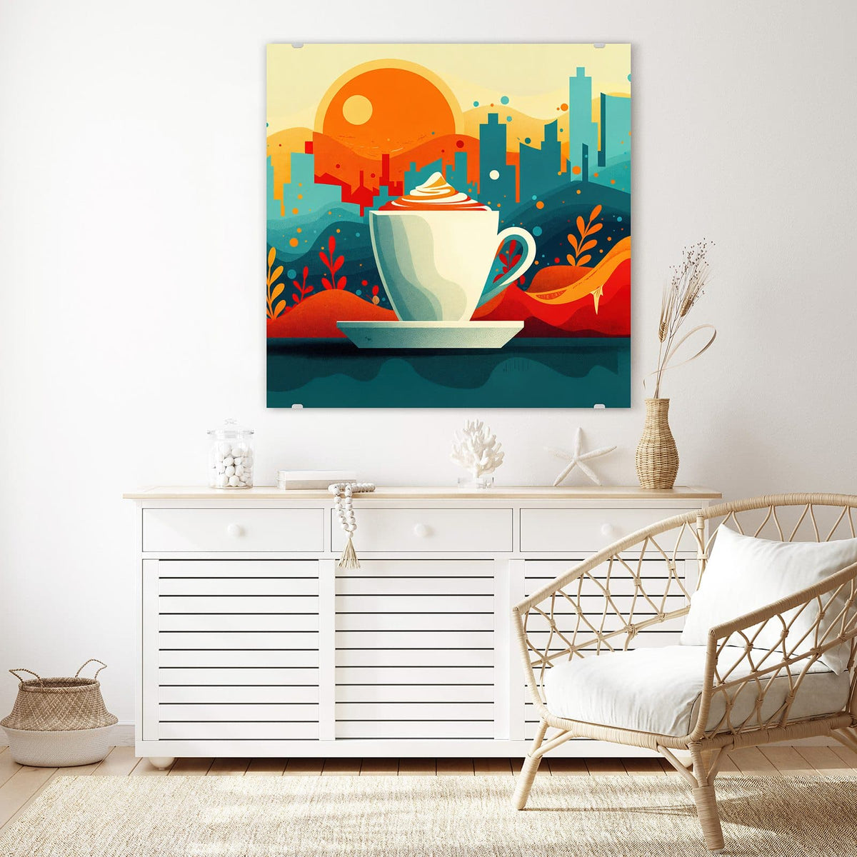Glasbild Kaffee mit Stadtblick an der Wand – Retro-Illustration: eine Tasse mit Sahnehaube vor Stadtsilhouette und großer oranger Sonne