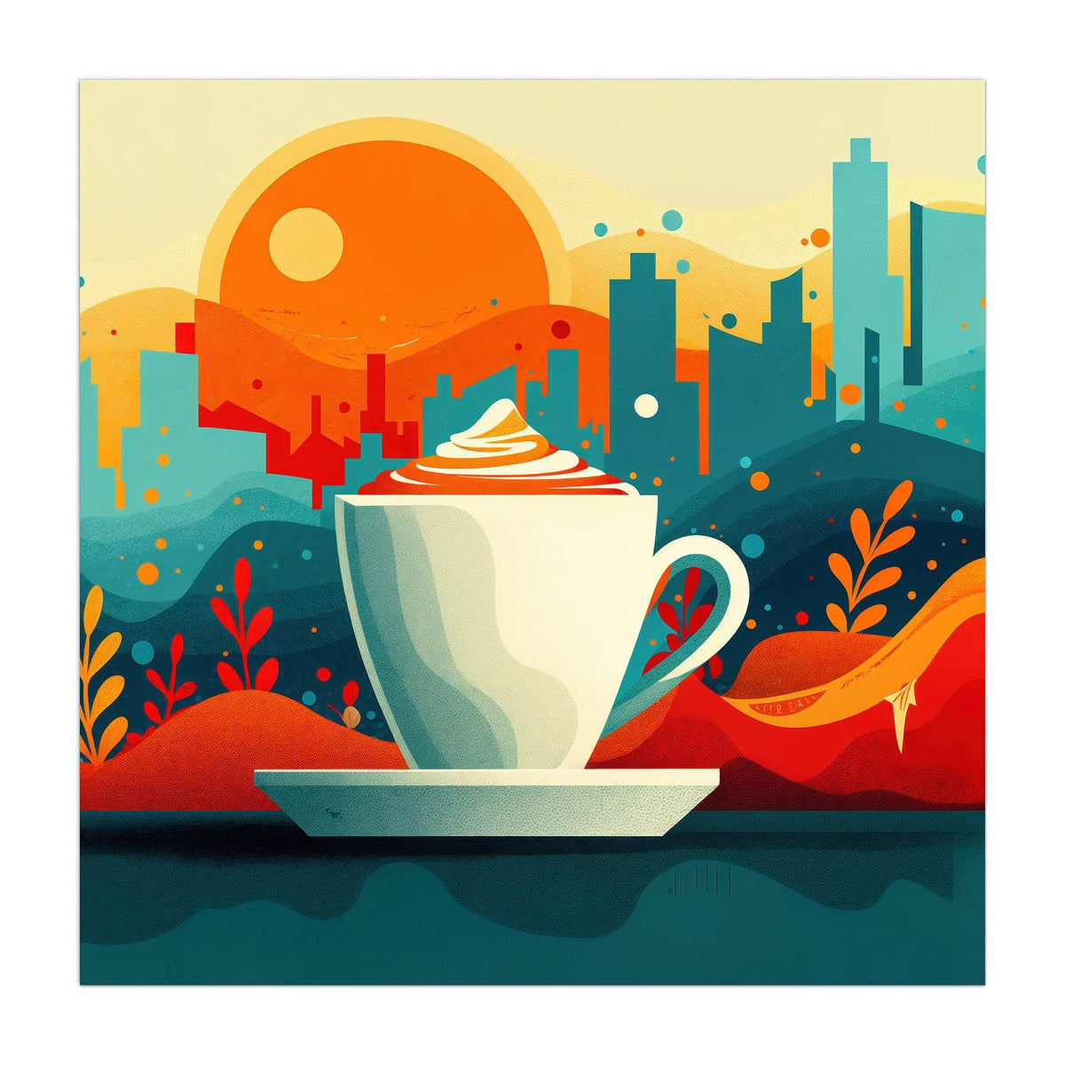 Retro-Illustration: eine Tasse mit Sahnehaube vor Stadtsilhouette und großer oranger Sonne
