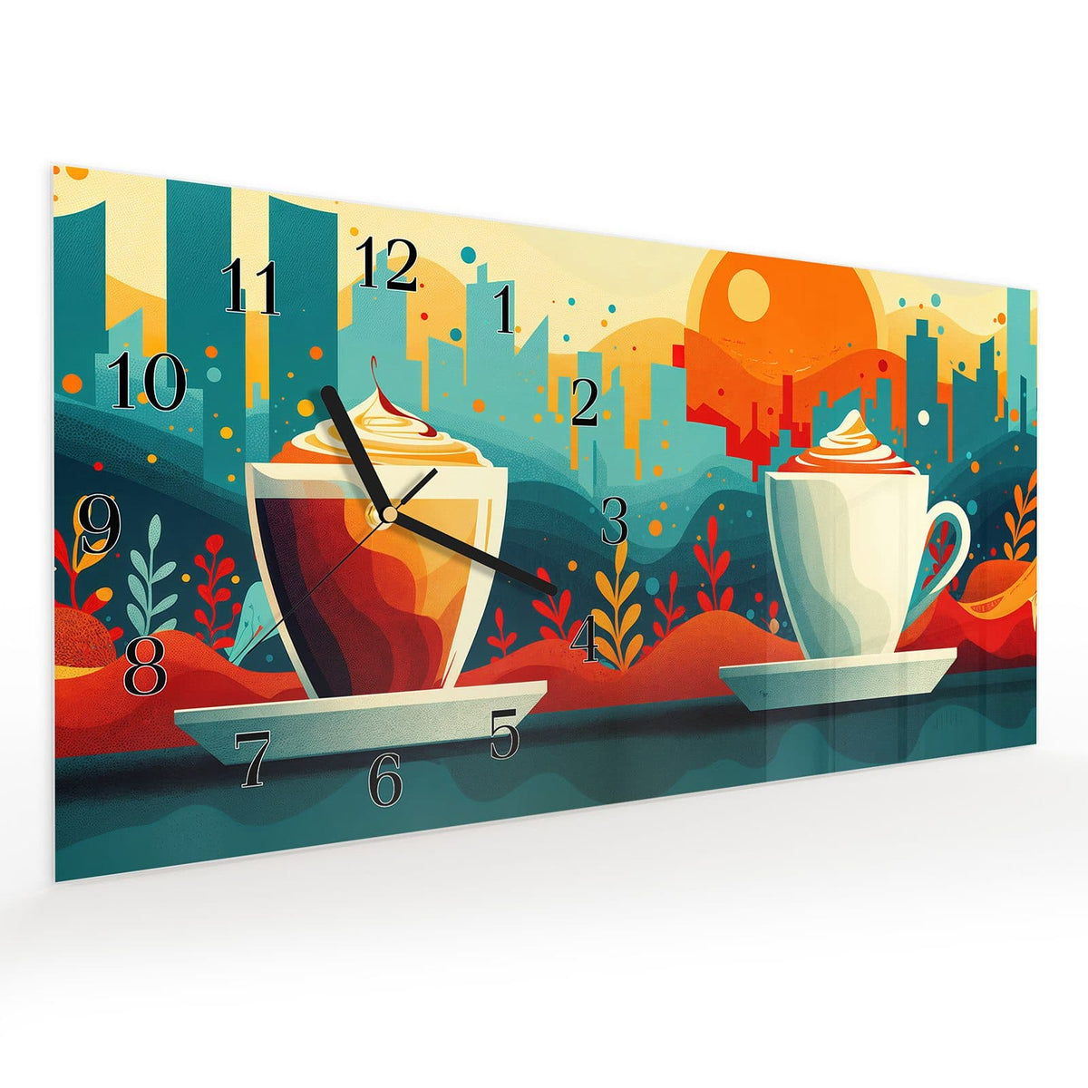 Vormontiert – mit Schwebeeffekt – Wanduhr Kaffee Am Abend aus Glas – Querformat 60 × 30 cm