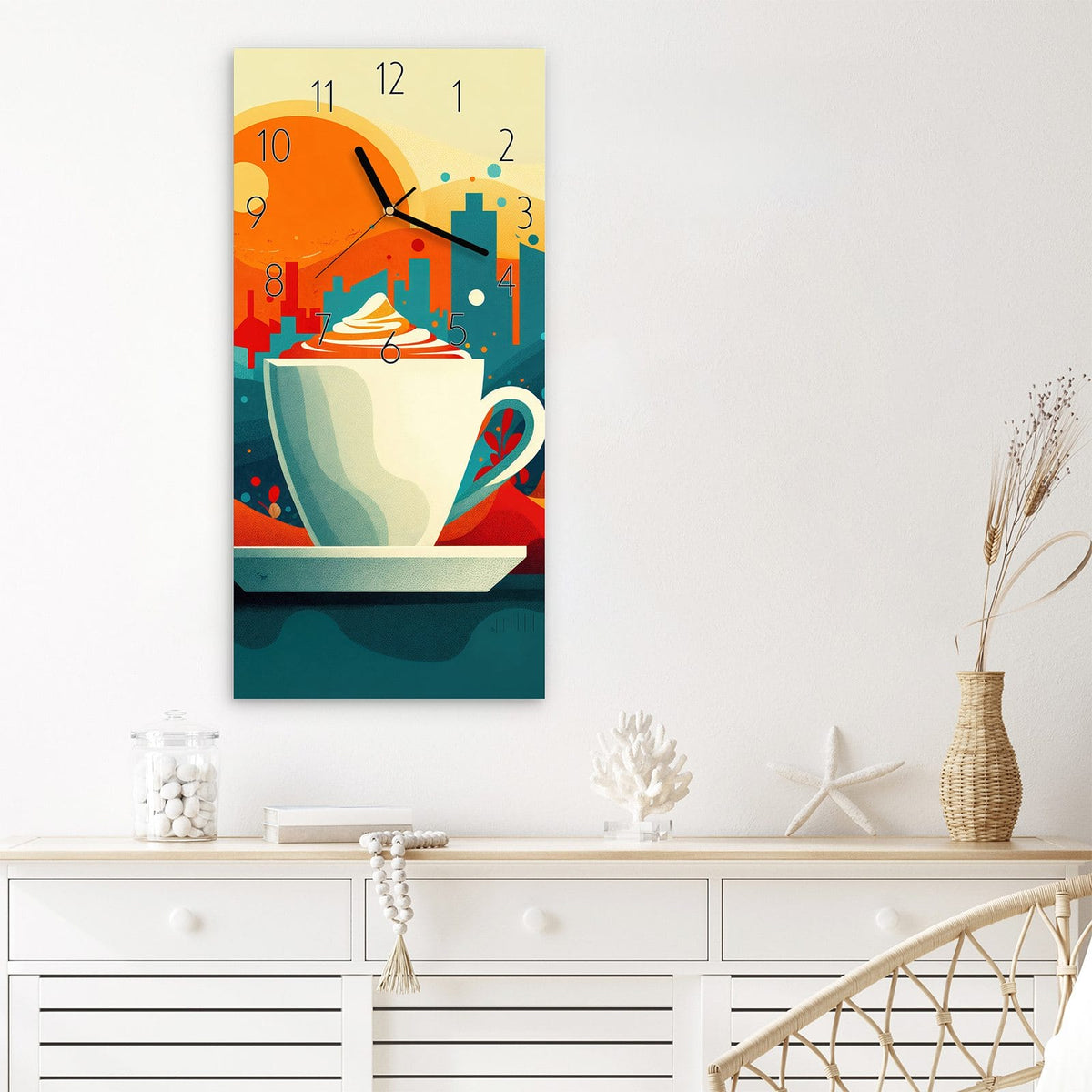 Wanduhr Kaffee Am Abend aus Glas – Zwei Kaffeetassen vor Stadtsonne