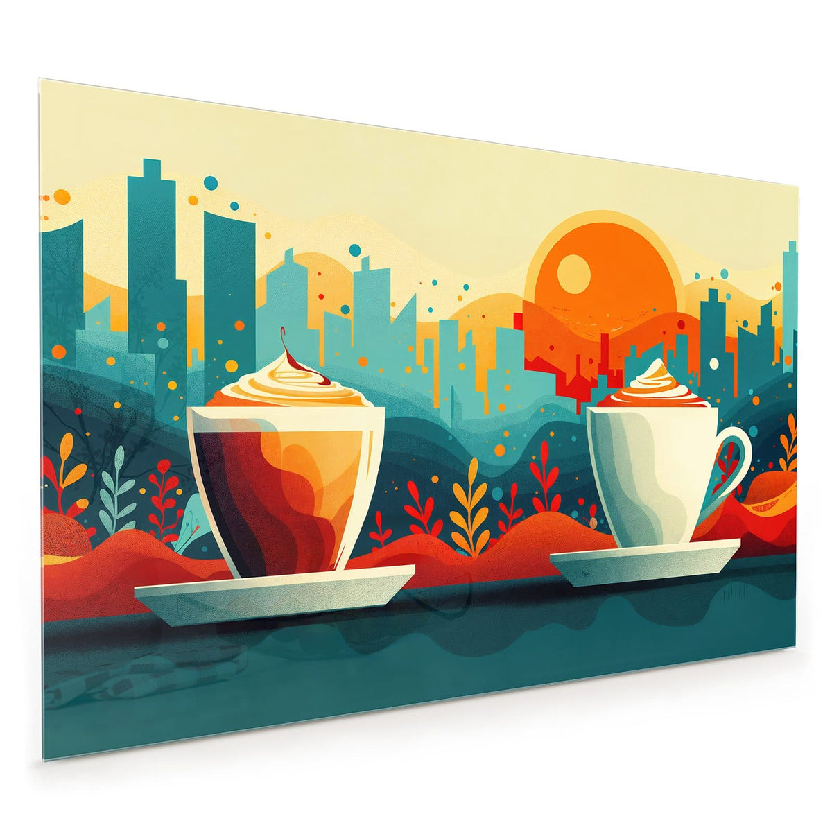 Küchenrückwand aus Glas im Hochformat mit Motiv Kaffee mit Stadtblick: Retro-Illustration