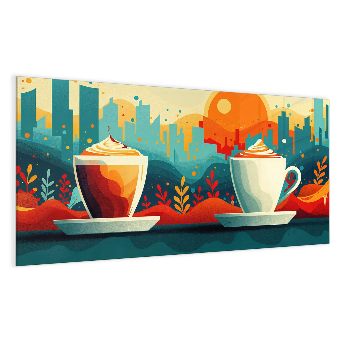 Retro-Illustration: eine Tasse mit Sahnehaube vor Stadtsilhouette und großer oranger Sonne