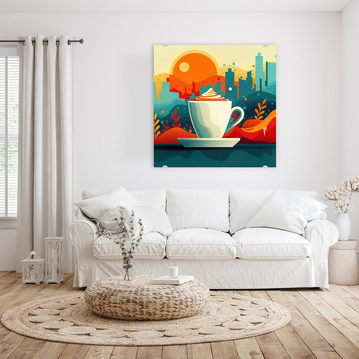 Glasbild Kaffee mit Stadtblick an der Wand – Retro-Illustration: eine Tasse mit Sahnehaube vor Stadtsilhouette und großer oranger Sonne