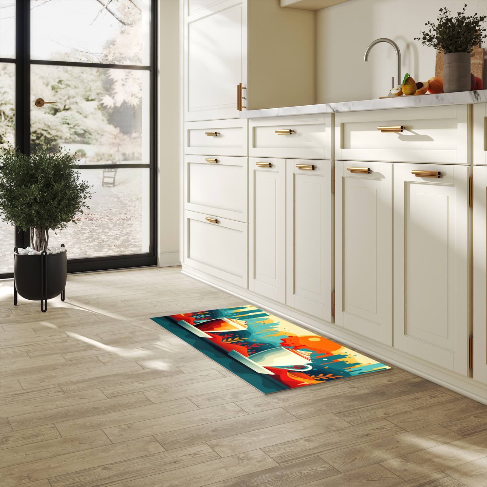 Formstabiler Küchenteppich mit Motiv Kaffee Am Abend in heller Küche