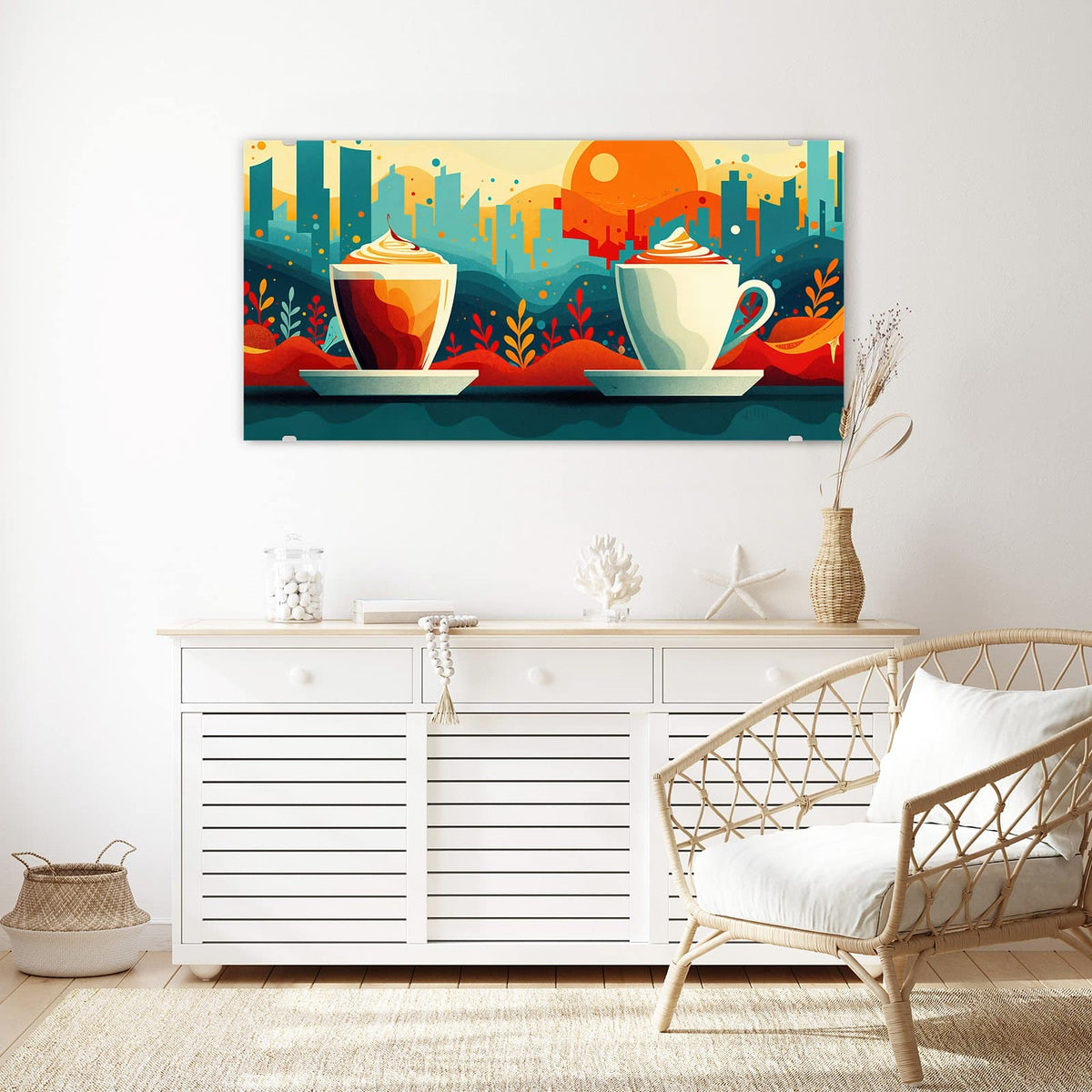 Echtglas, 4 mm – kein Acryl, keine Folie – Wandbild - Kaffee mit Stadtblick - Querformat